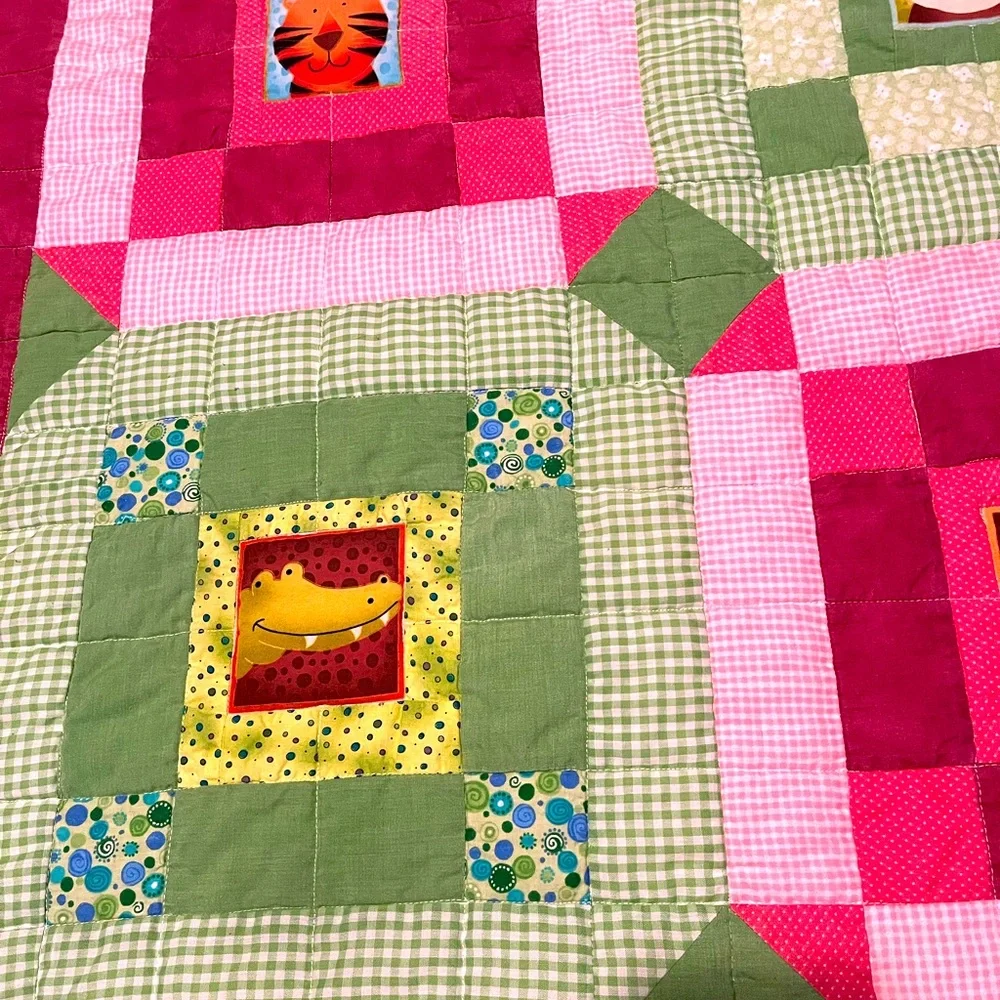 Baby/Child Handmade Quilt Pink Green Alligator Zebra Hippo Tiger Monkey